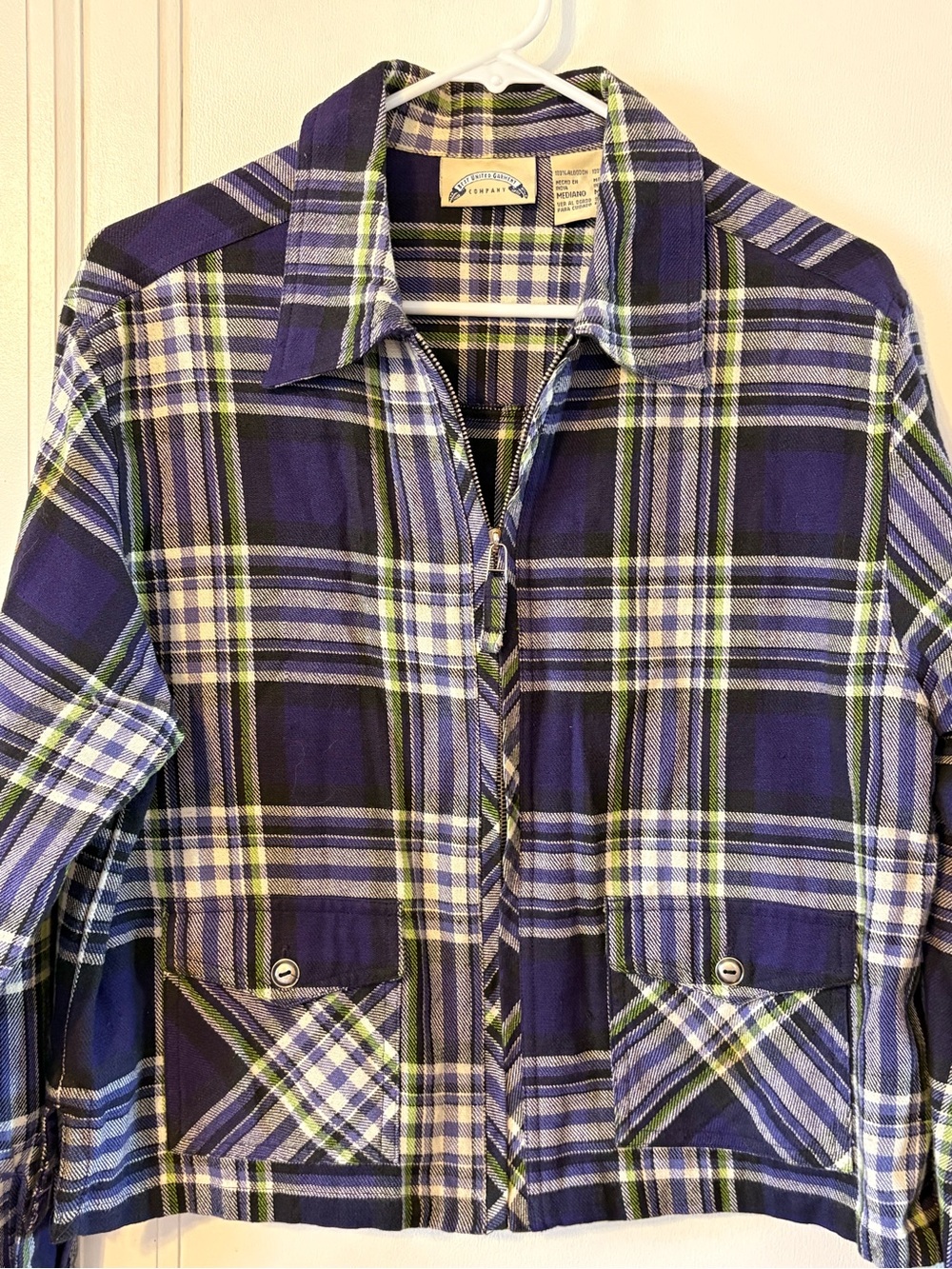 100% Cotton, '90s Best United Garment Co. purple and green plaid cropped jacket